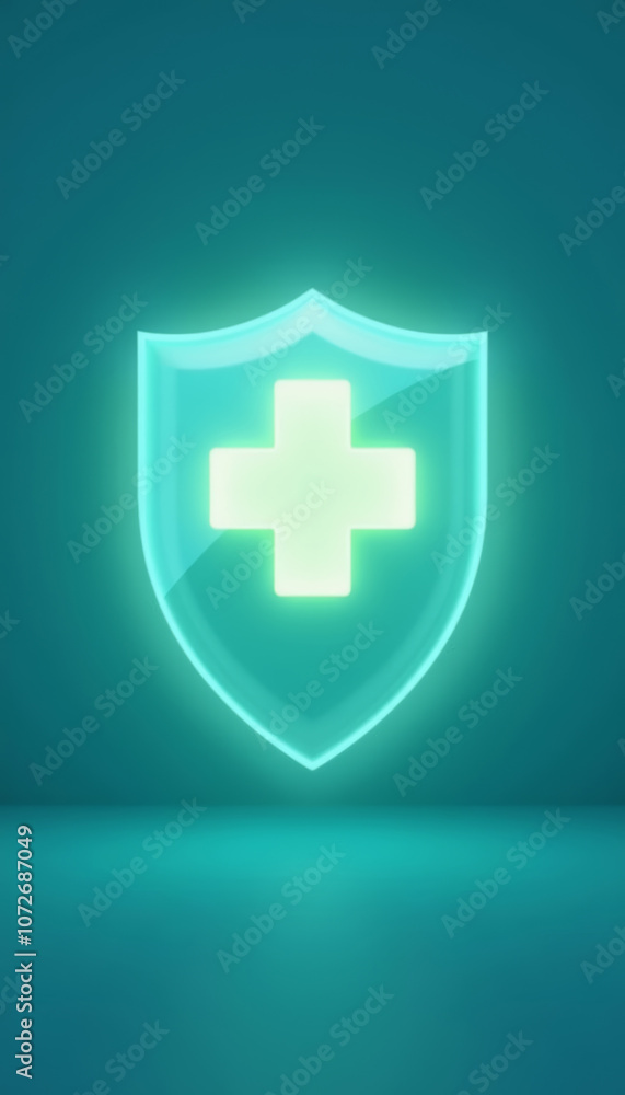 Illuminated shield with the symbol of the medical cross on a teal background, symbolizing protection and safety in healthcare