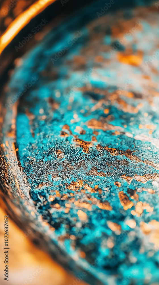 The close-up reveals intricate blue and gold textures on a weathered surface with striking patterns The close-up reveals intricate blue and gold textures on a weathered surface with striking patterns