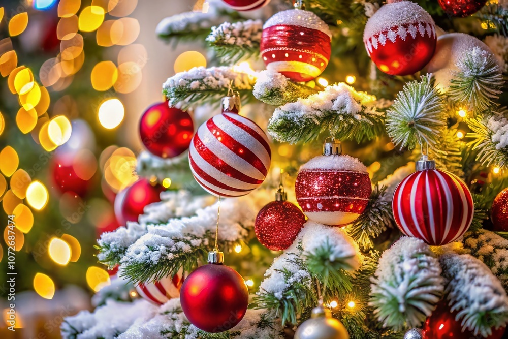 Close-Up of a Beautifully Decorated Christmas Tree with Red and White Ornaments and Sparkling Lights, Set Against a Softly Blurred Background of Holiday Lights Close-Up of a Beautifully Decorated Christmas Tree with Red and White Ornaments and Sparkling Lights, Set Against a Softly Blurred Background of Holiday Lights