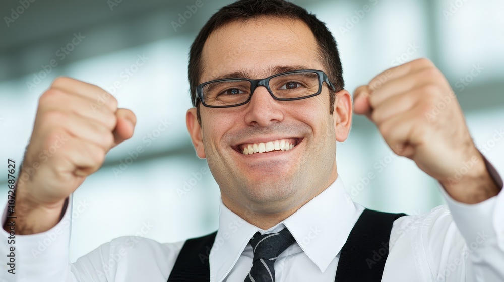 Successful Businessman Celebrating Success with Fists Pumped Successful Businessman Celebrating Success with Fists Pumped