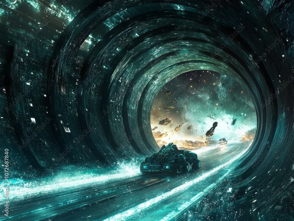Futuristic Landscape Featuring a Sci-Fi Car Racing Through a Cosmic Tunnel Toward Distant Stars with Spectacular Colorful Visual Effects and Starry Background Futuristic Landscape Featuring a Sci-Fi Car Racing Through a Cosmic Tunnel Toward Distant Stars with Spectacular Colorful Visual Effects and Starry Background