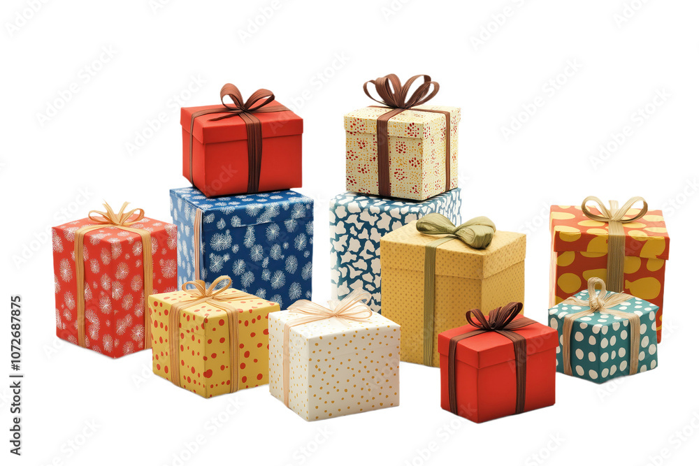 Obraz premium Gift boxes in various colors, sizes and patterns are arranged on a alpha layer. Each box has a ribbon and bow. The boxes are perfect for celebrations, birthdays, holidays, or special occasions. Png.