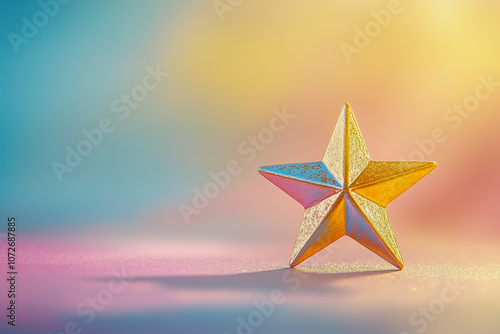 Golden star decoration on colorful background showcasing artistic flair, sophistication, and a touch of whimsy in a magical setting filled with vibrant hues and gentle light. photo