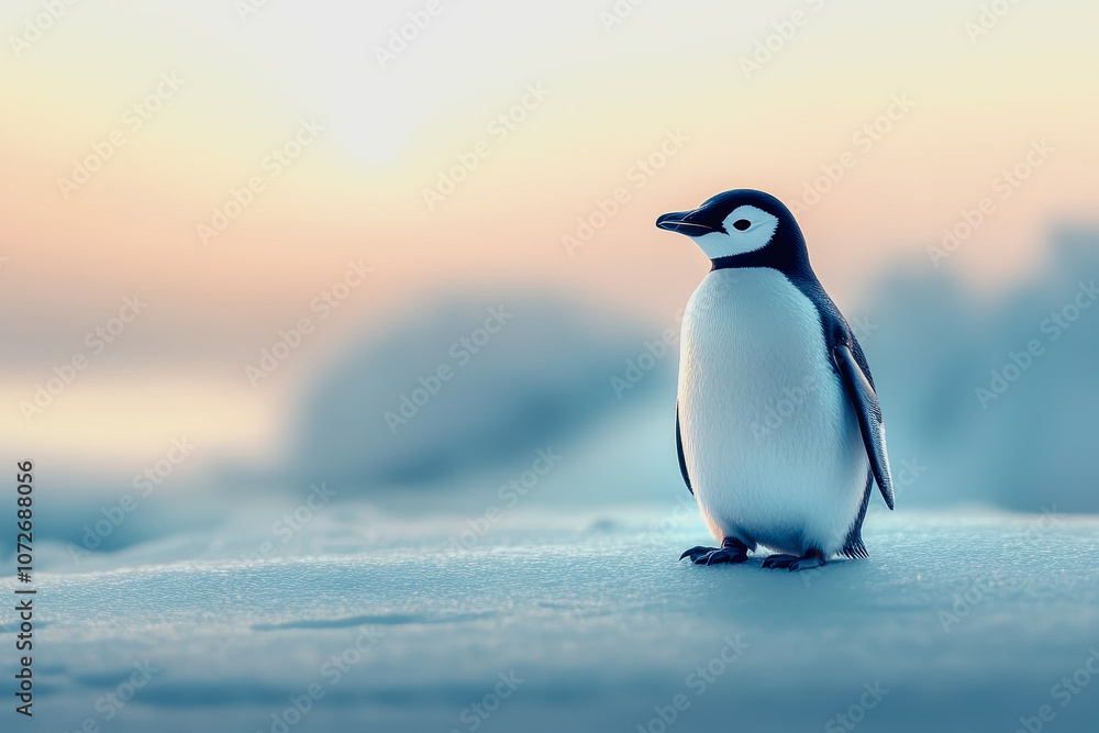 Obraz premium Majestic Emperor Penguin Standing Alone on Icy Snowy Terrain at Sunrise, Soft Pastel Sky in the Background, Capturing the Beauty of Nature's Antarctic Wildlife