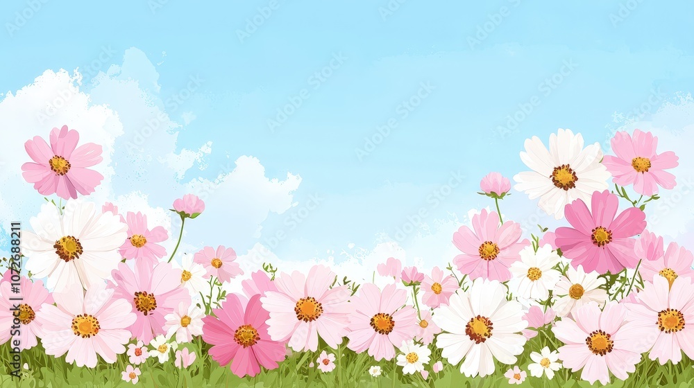 Watercolor Pink and White Cosmos Flowers Meadow Sky Background Watercolor Pink and White Cosmos Flowers Meadow Sky Background