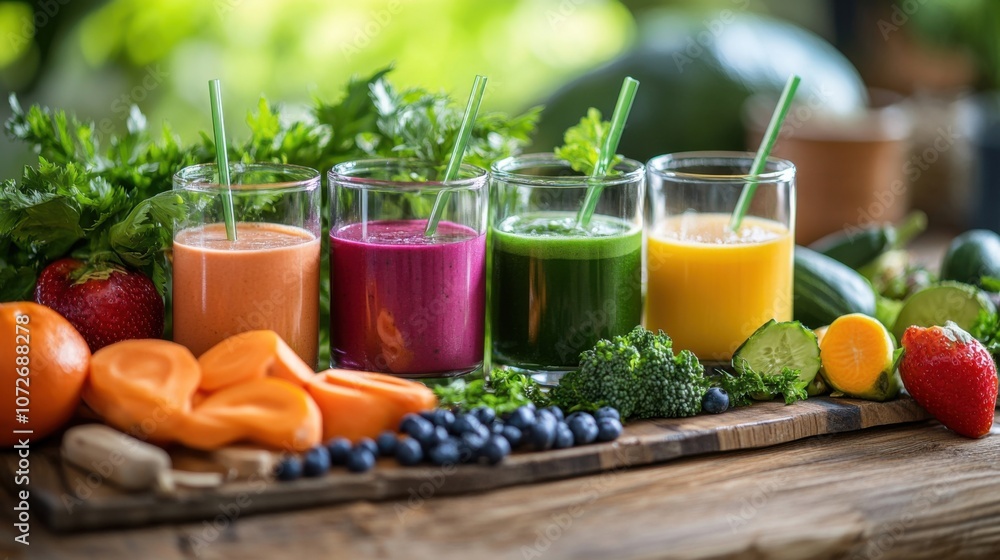 Fototapeta premium Fresh produce and smoothie prepared in a modern kitchen