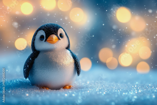 Cute and Adorable Penguin Toy on Snowy Surface with Blurred Bokeh Lights, Perfect for Winter and Holiday-Themed Decor and Marketing Materials photo