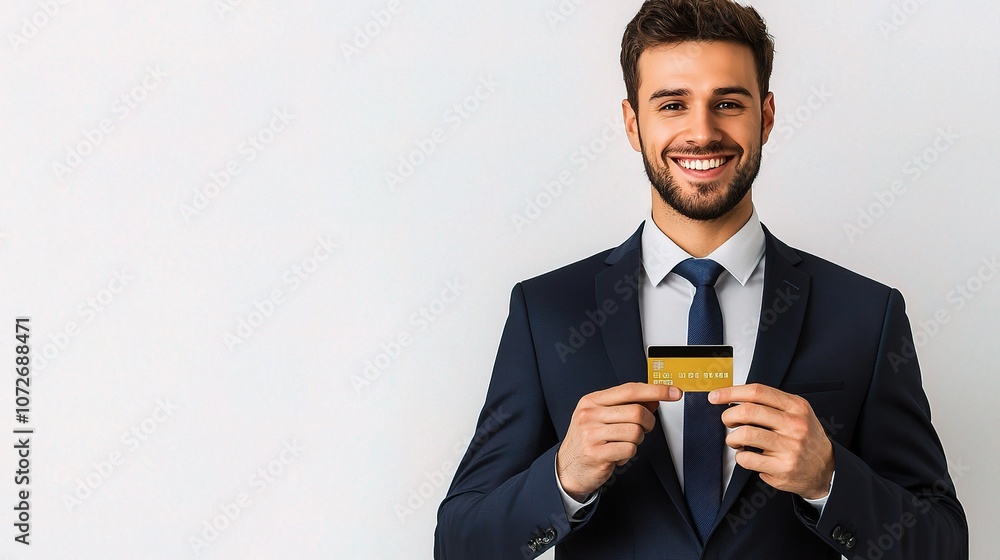 Professional Smiling Businessman Holding Credit Card in Formal Attire Against Simple Background, Perfect for Financial and Corporate Themes Professional Smiling Businessman Holding Credit Card in Formal Attire Against Simple Background, Perfect for Financial and Corporate Themes