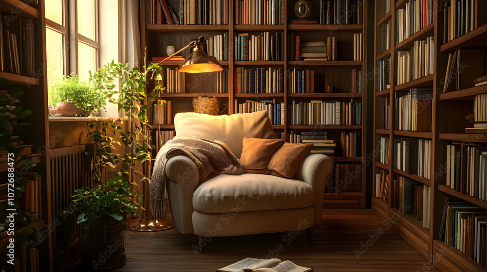 A tranquil library corner with a soft chair and books, perfect for reflection. A tranquil library corner with a soft chair and books, perfect for reflection.