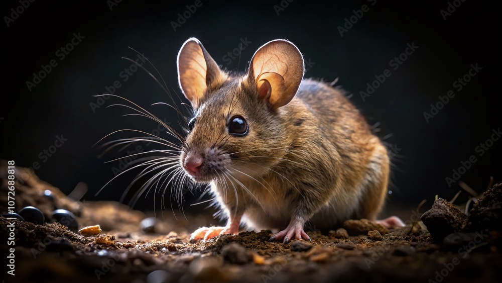 Close-Up of a House Mouse Mus Musculus in the Dark, Capturing Intricate Details of Its Fur and Environment on a Dirty Ground Surface Close-Up of a House Mouse Mus Musculus in the Dark, Capturing Intricate Details of Its Fur and Environment on a Dirty Ground Surface