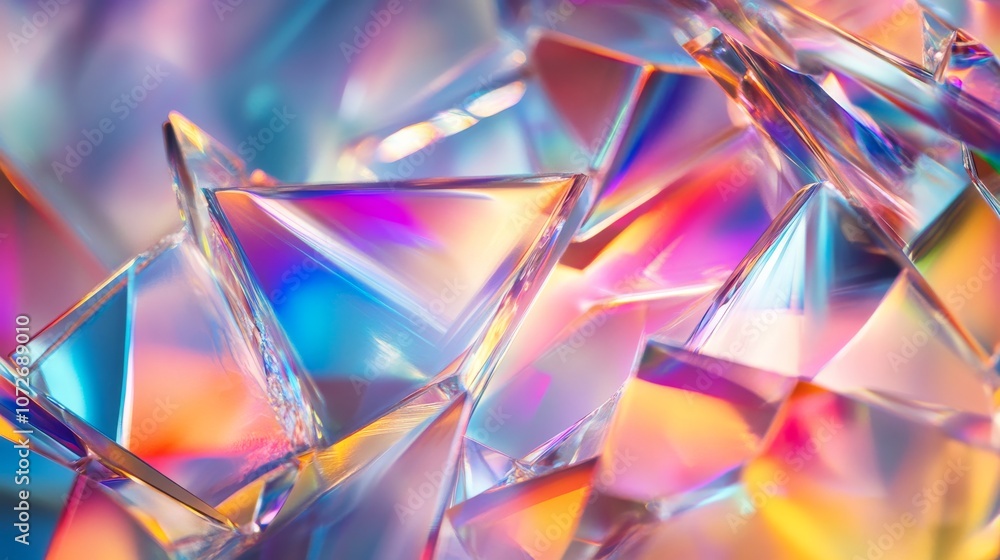 Colorful Light Refraction Through Multiple Glass Prisms Creating a Vibrant Array of Reflected and Refracted Colors on a Soft Background Colorful Light Refraction Through Multiple Glass Prisms Creating a Vibrant Array of Reflected and Refracted Colors on a Soft Background