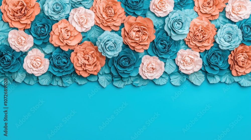 Floral Border with Peach and Teal Roses on Blue Background Floral Border with Peach and Teal Roses on Blue Background