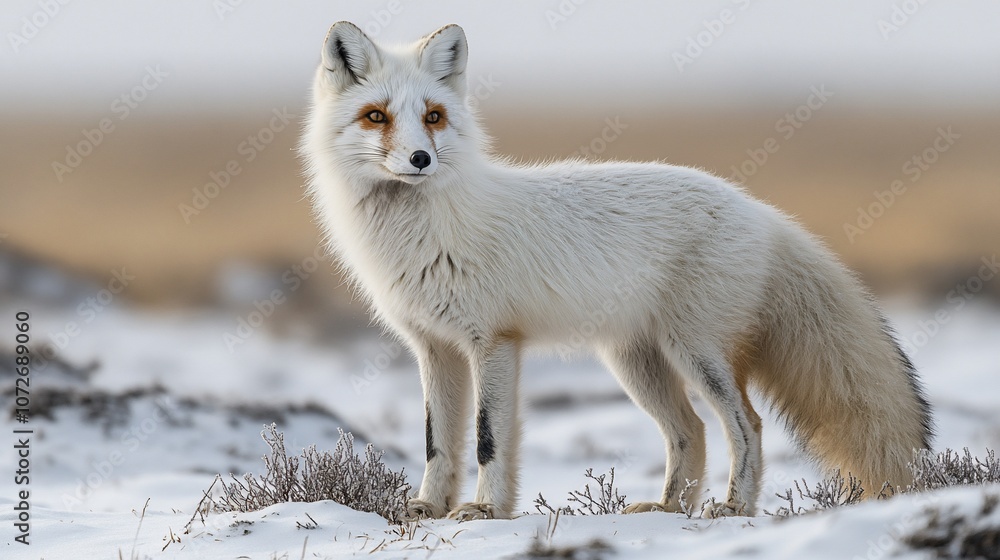 Naklejka premium A white fox with orange eyes stands in a snowy field, looking alert and curious.