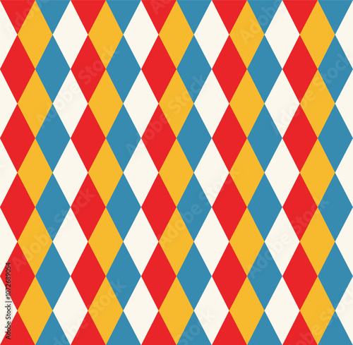 Harlequin circus seamless patterns in retro colors. . Geometric checkerboard pattern of rhombuses.