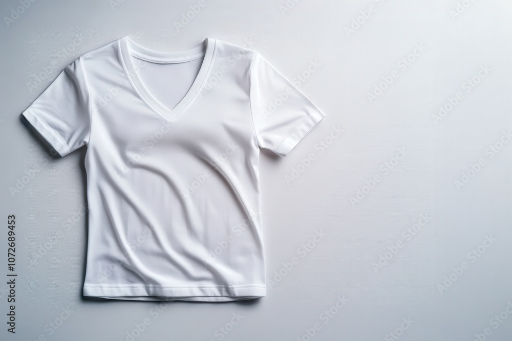White v-neck t-shirt on a gray surface, perfect for blank apparel design. White v-neck t-shirt on a gray surface, perfect for blank apparel design.