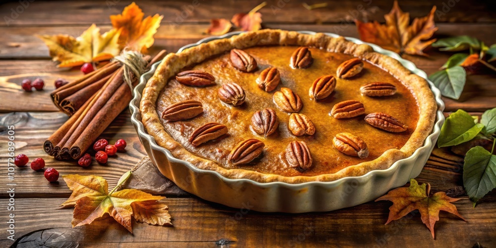 A perfectly baked pumpkin pie with pecan nuts on top, surrounded by autumn leaves and cinnamon sticks on a wooden table