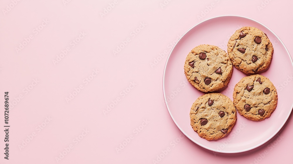 Four Chocolate Chip Cookies on Pink Plate Dessert Food Photography Four Chocolate Chip Cookies on Pink Plate Dessert Food Photography