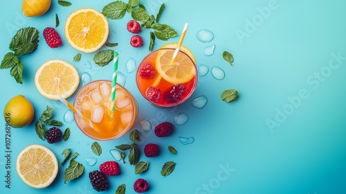 Colorful fruit drinks with berries and mint on blue background