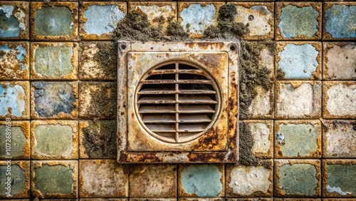 Close-Up of a Neglected Air Vent Surrounded by Peeling Tiles, Highlighting Layers of Grime and Decay in a Damp Environment, Capturing the Essence of Abandonment and Disrepair photo