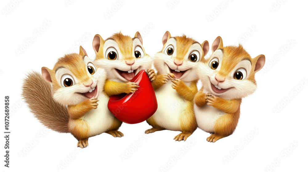 Fototapeta premium four cartoon chipmunks, laughing having fun, isolated, transparent, png, background