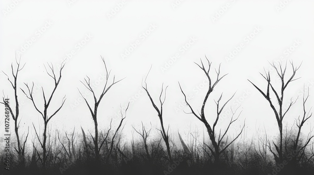 Obraz premium Silhouetted Bare Trees Abstract Ink Wash Landscape Illustration