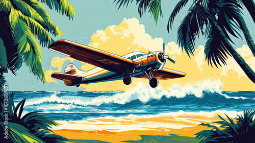 Charming illustration of small plane taking off from tropical beach, surrounded by palm trees and
