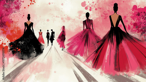 Elegant fashion runway illustration with models in haute couture dresses showcasing style and