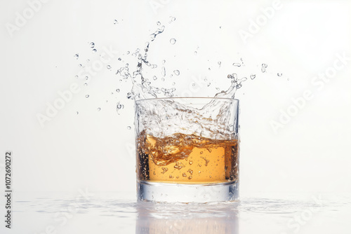 Clear glass of whiskey or soda with splashing of liquid out of the glass, dramatic dynamic scene for healthy organic drinking beverage advertisement concept 