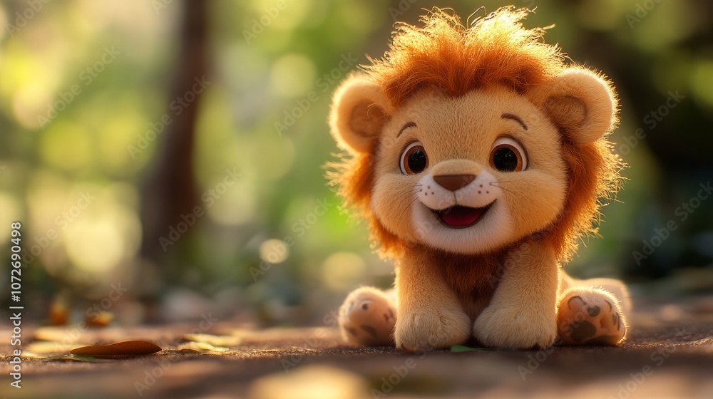 Adorable Cartoon Lion Cub with Fluffy Mane and Cute Expression against a Soft Natural Background in a Whimsical Forest Setting Adorable Cartoon Lion Cub with Fluffy Mane and Cute Expression against a Soft Natural Background in a Whimsical Forest Setting