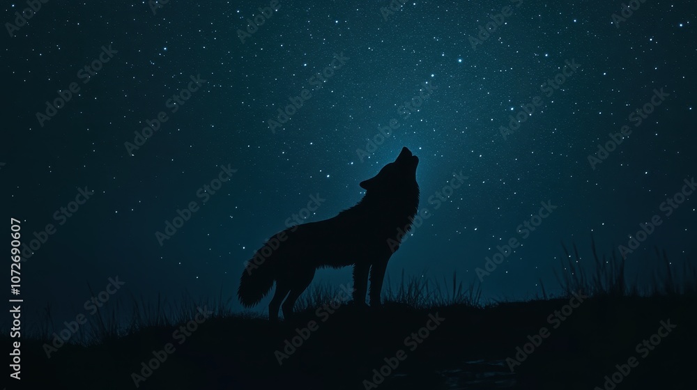 Wolf Silhouette Howling at the Night Sky with Stars - Wildlife Photography Wolf Silhouette Howling at the Night Sky with Stars - Wildlife Photography