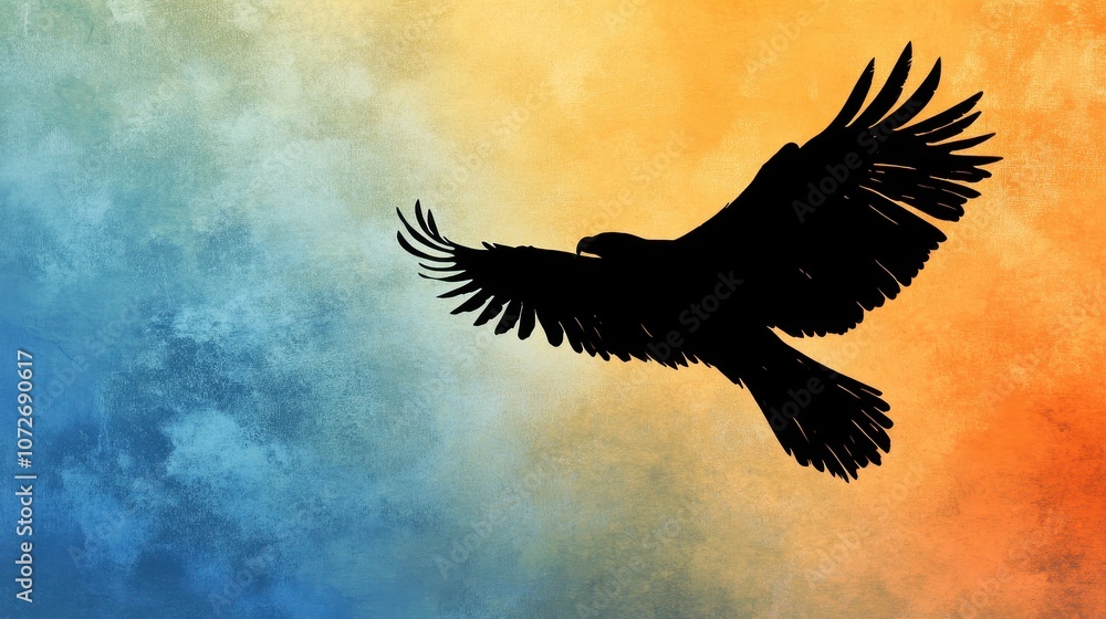 Obraz premium Eagle Silhouette Against a Blue and Orange Watercolor Background - Abstract Bird Artwork
