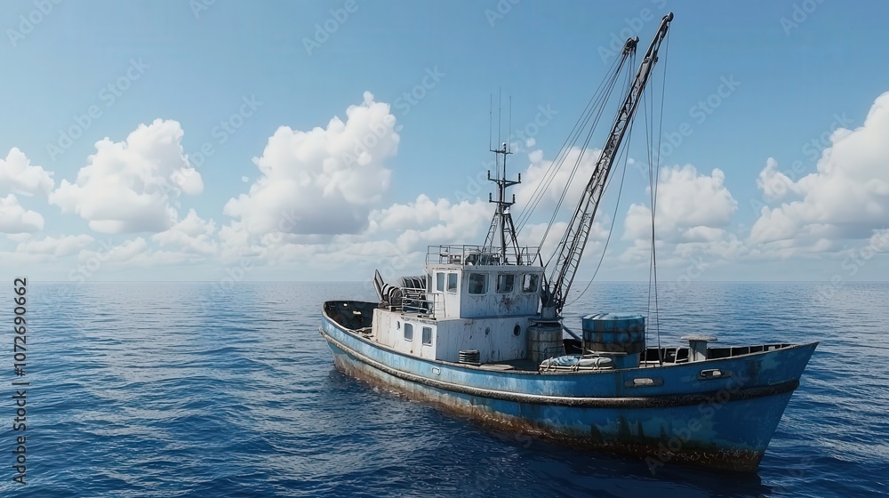 Fishing Boat in Open Ocean with Blue Sky and White Clouds Fishing Boat in Open Ocean with Blue Sky and White Clouds