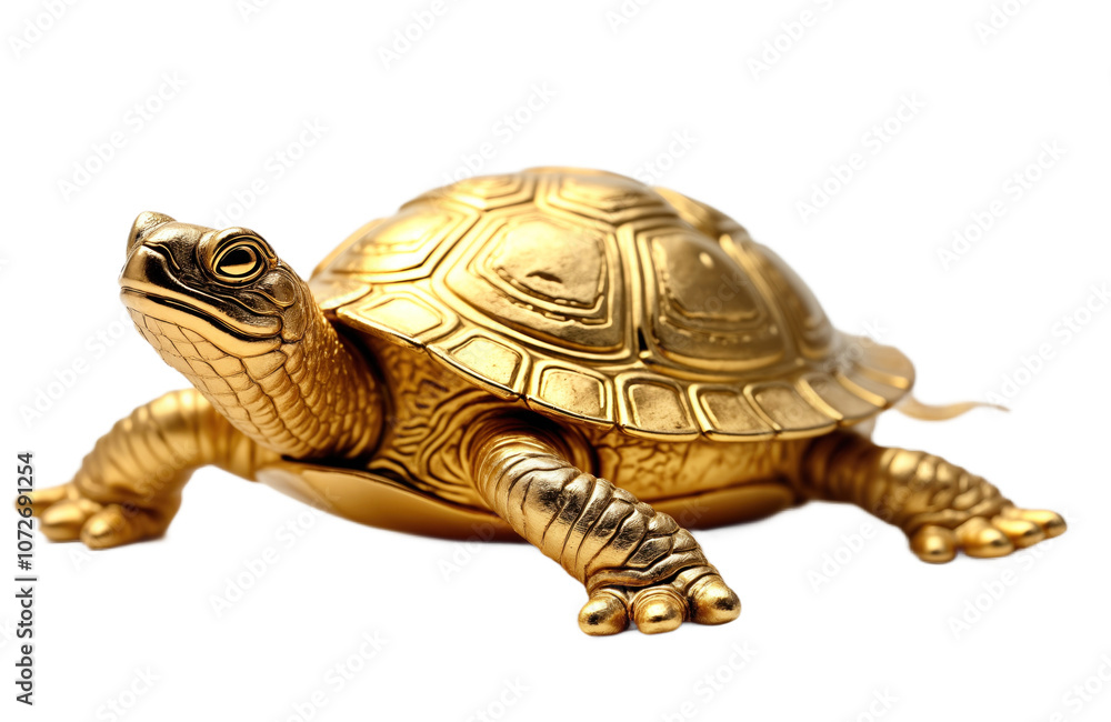 Obraz premium Golden turtle figurine isolated on isolated background. Reptilian animal of longevity, good luck in many cultures. Shell detailed, intricate, making beautiful decorative piece. Perfect for home decor,