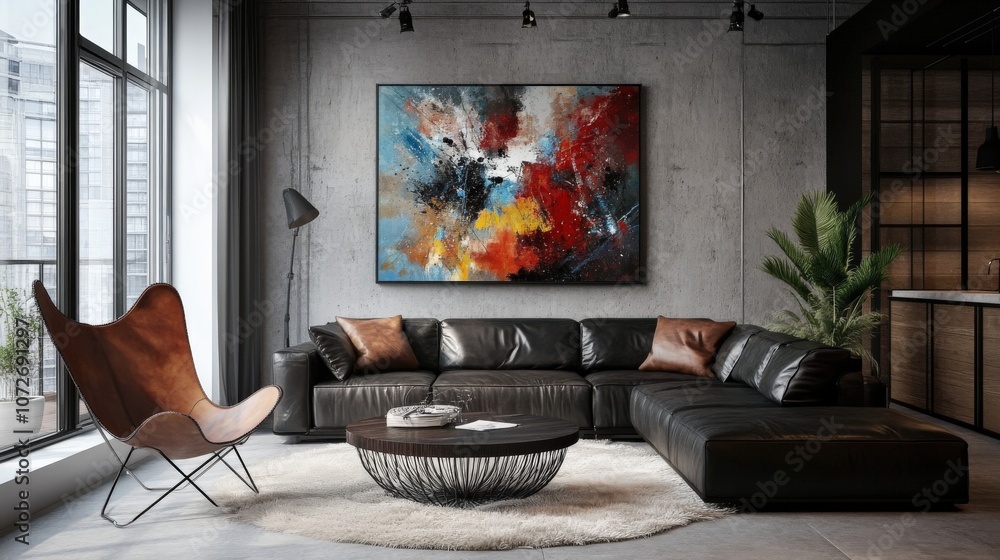 Stylish modern living room with abstract art and contemporary furniture. Stylish modern living room with abstract art and contemporary furniture.