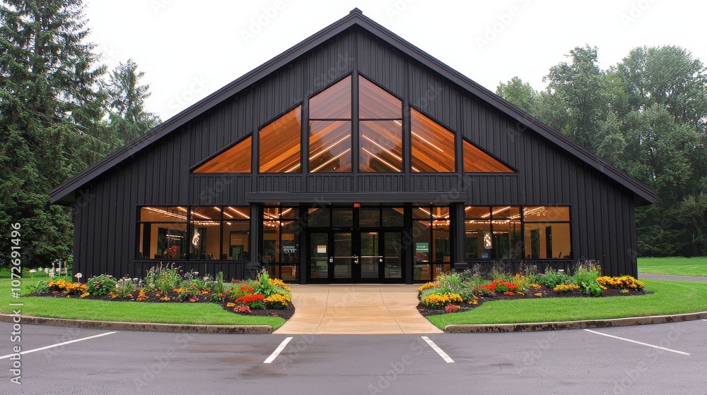 Modern Black Exterior Building with Large Windows and Landscaping Modern Black Exterior Building with Large Windows and Landscaping
