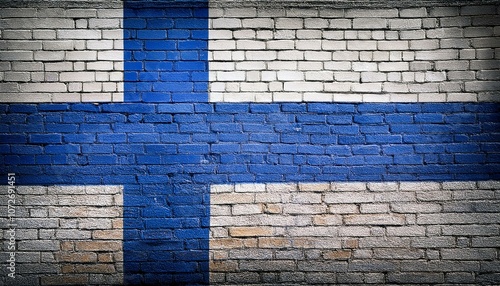 フィンランドの国旗がペイントされたレンガの壁。(Brick wall painted with the Finland flag.) 