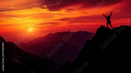 Silhouette of a Climber Reaching the Summit of a Mountain at Sunset with Orange and Red Sky