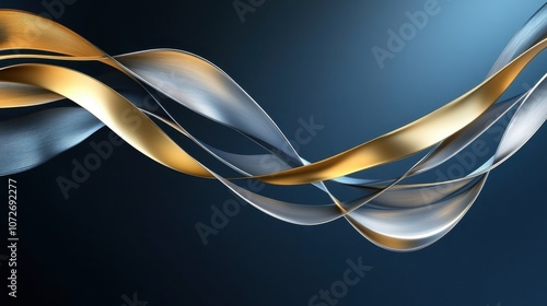 Abstract Gold and Silver Swirls on Navy Blue Background - Modern, Elegant, Graphic Design Element.