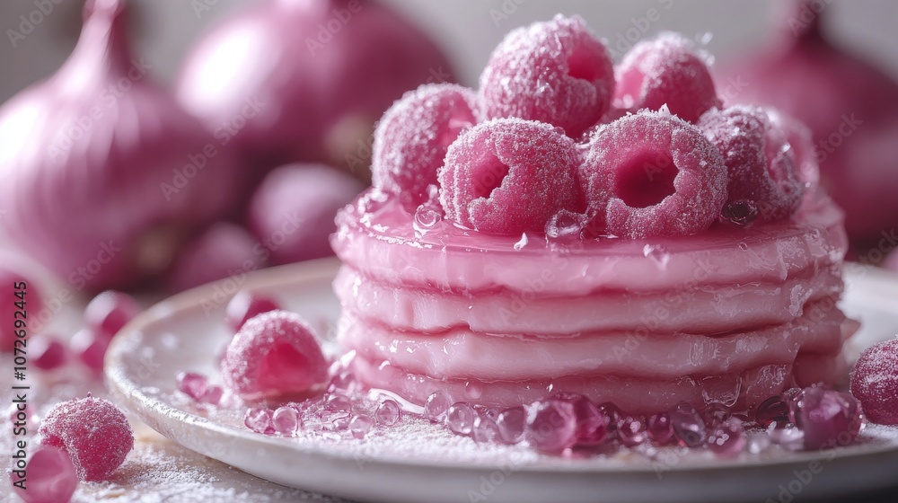 Delicate Layers of Pink Pancakes Topped with Sugared Raspberries and Garnished with Glossy Spheres, Perfect for Sweet Desserts and Gourmet Treats Delicate Layers of Pink Pancakes Topped with Sugared Raspberries and Garnished with Glossy Spheres, Perfect for Sweet Desserts and Gourmet Treats