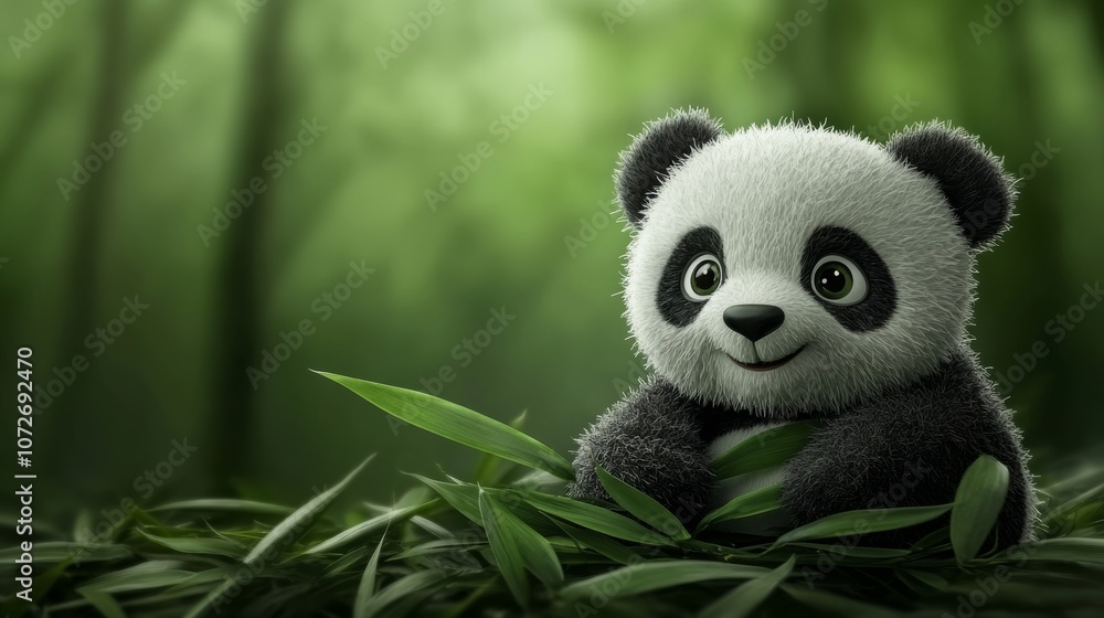 Cute and Playful Cartoon Panda Surrounded by Lush Green Bamboo in a Serene Forest Environment, Perfect for Nature and Animal Lover Themes Cute and Playful Cartoon Panda Surrounded by Lush Green Bamboo in a Serene Forest Environment, Perfect for Nature and Animal Lover Themes