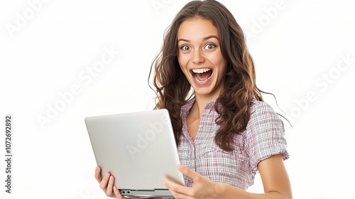 Surprised Woman Standing and Holding Laptop, Expressing Excitement and Joy in a Studio Setting with a Bright White Background