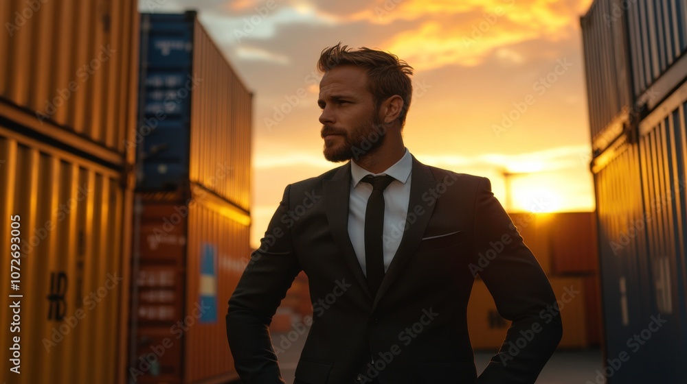 Businessman Inspecting Containers at Sunrise Businessman Inspecting Containers at Sunrise