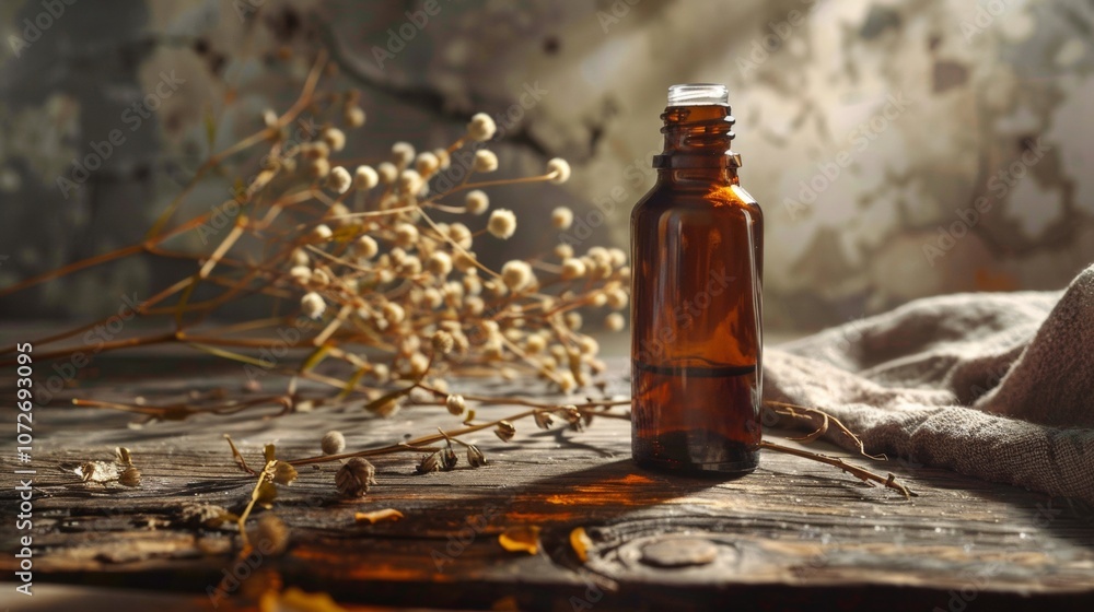Amber glass bottle on rustic wooden table in soft light Amber glass bottle on rustic wooden table in soft light