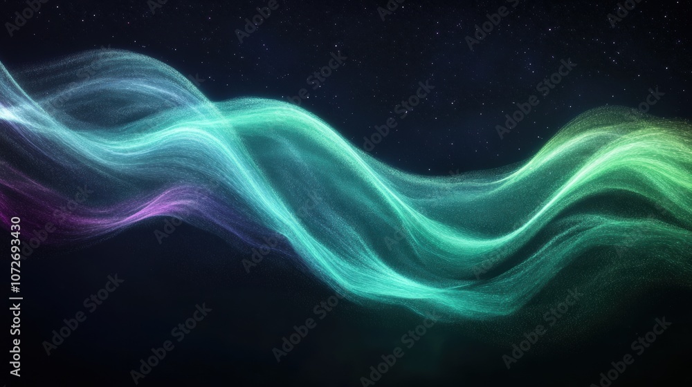 Abstract Green and Purple Wavy Lines on Black Background with Stars - Digital Art. Abstract Green and Purple Wavy Lines on Black Background with Stars - Digital Art.
