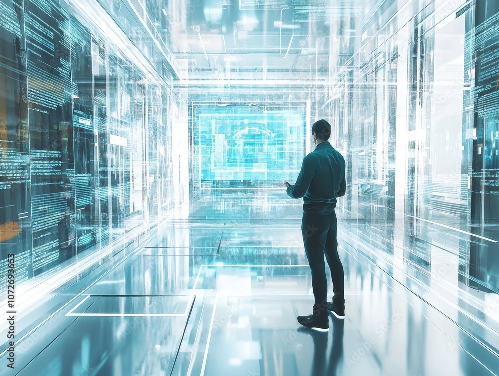 Futuristic Investor in Transparent Digital Interface Futuristic Investor in Transparent Digital Interface