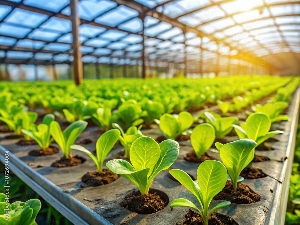 Close-Up of Lush Vegetable Seedlings Thriving in an Organic Greenhouse Environment with Selective Focus on Fresh Green Leaves and Soil Texture, Ideal for Sustainable Gardening Themes Close-Up of Lush Vegetable Seedlings Thriving in an Organic Greenhouse Environment with Selective Focus on Fresh Green Leaves and Soil Texture, Ideal for Sustainable Gardening Themes