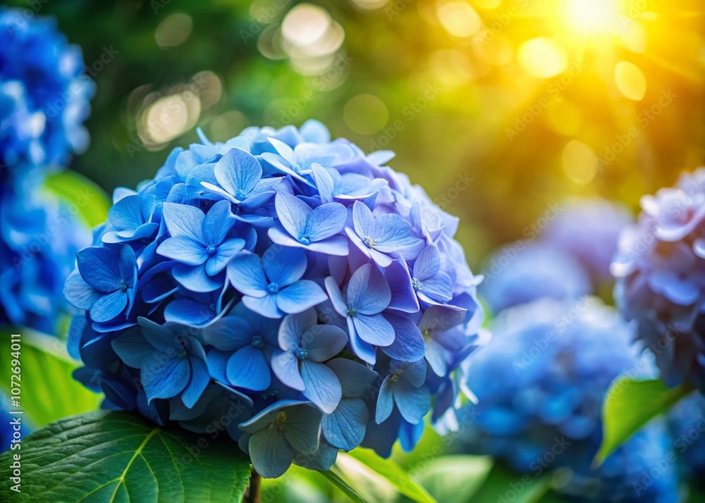 Close-Up of Lush Blue Hydrangea Flower Petals Bathed in Soft Sunlight with a Blurred Garden Background for Stunning Food Photography Inspiration Close-Up of Lush Blue Hydrangea Flower Petals Bathed in Soft Sunlight with a Blurred Garden Background for Stunning Food Photography Inspiration