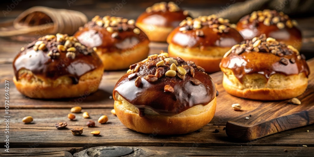 Close-up of a group of freshly baked chocolate glazed donuts with nuts, arranged on a rustic wooden surface. Close-up of a group of freshly baked chocolate glazed donuts with nuts, arranged on a rustic wooden surface.