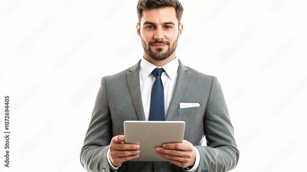 Professional Man in Suit Holding Tablet with Serious Expression, Focusing on Presentation, Ideal for Business, Management, and Corporate Themes in Stock Photography Professional Man in Suit Holding Tablet with Serious Expression, Focusing on Presentation, Ideal for Business, Management, and Corporate Themes in Stock Photography
