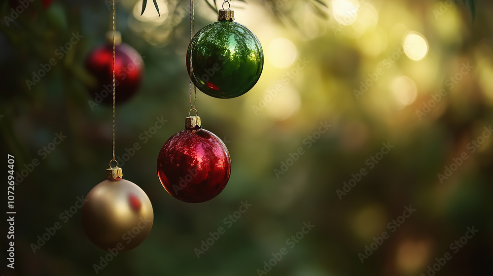 Ornaments in Red, Green, and Gold on a Softly Blurred Tree Background, focusing on color and cheer Ornaments in Red, Green, and Gold on a Softly Blurred Tree Background, focusing on color and cheer